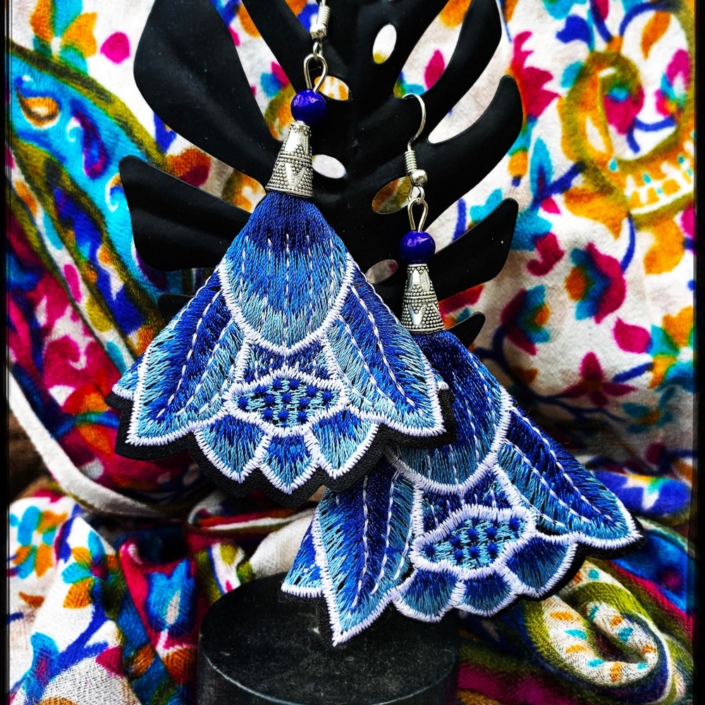 Restock Large Embroidered Floral Silk earrings, Blue Lillies